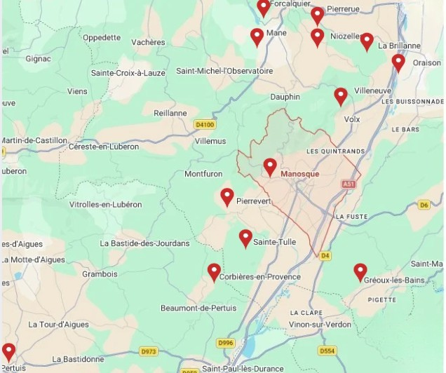 Carte de la zone d'intervention d'Artisan Demol autour de Manosque