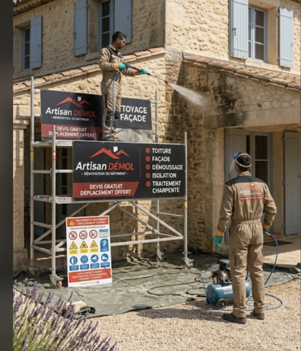 Nettoyage de façade en pierres par l'équipe Artisan Demol