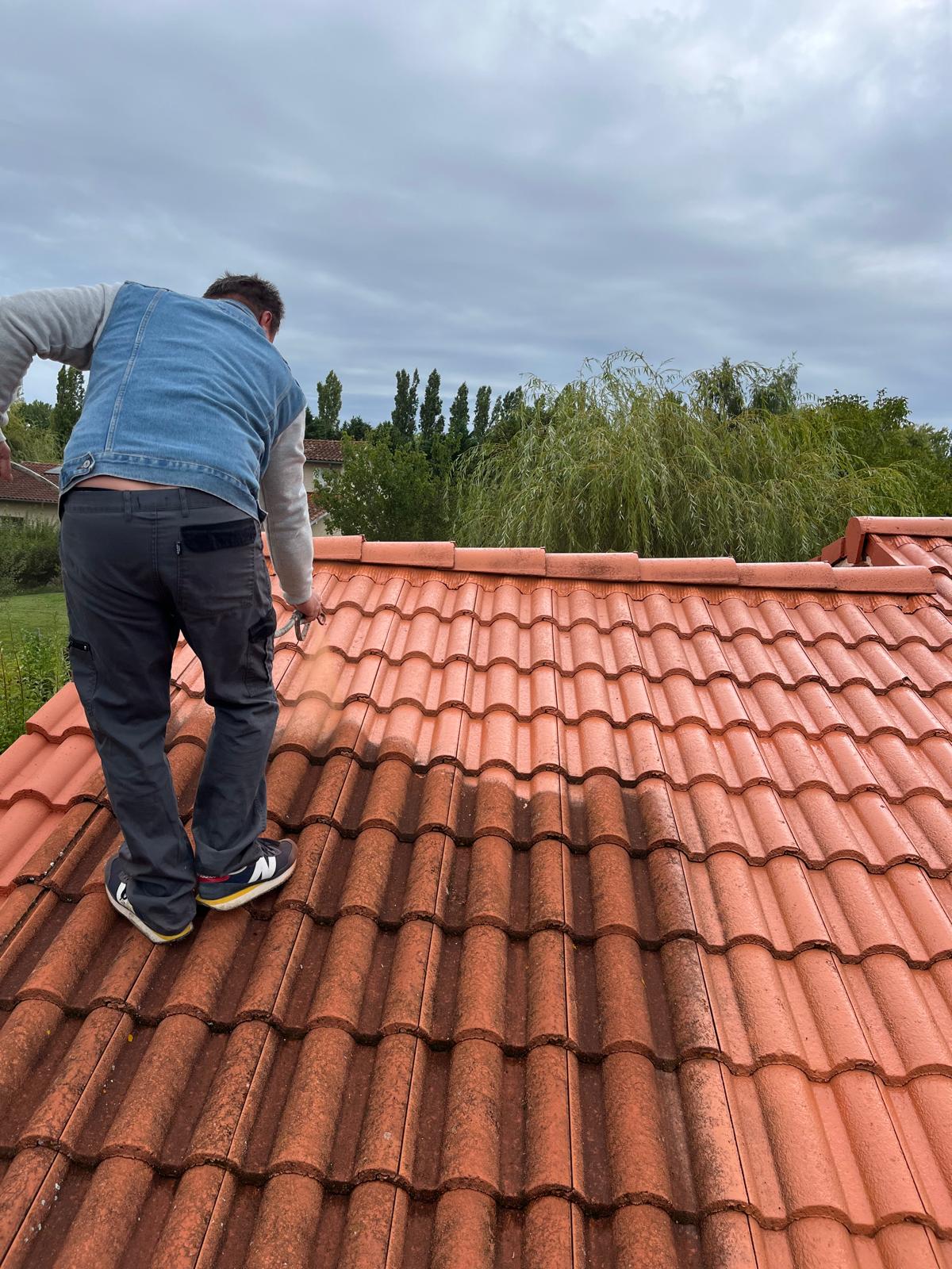 Application d'un traitement de rénovation sur les tuiles d'une toiture