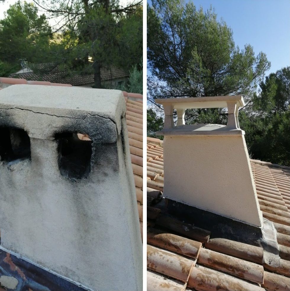 Souche de cheminée fissurée avant rénovation et souche refaite après intervention, à Manosque